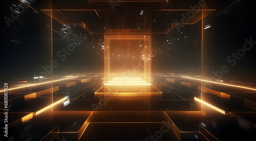 Futuristic golden digital space with floating geometric cubes and an infinite perspective.