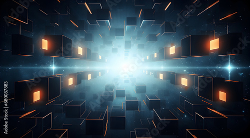 Futuristic blue digital space with floating geometric cubes and an infinite perspective.
