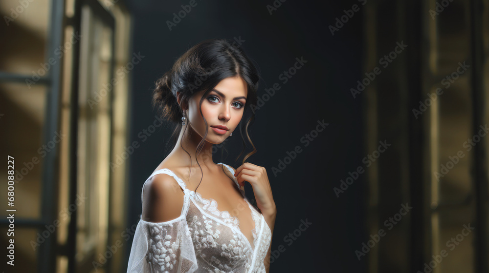 Fototapeta premium bride posing with white wedding gown portrait elegant luxurious dress bridal 