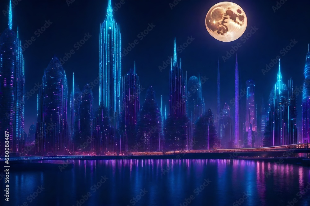 Generate a surreal alien cityscape with towering spires and bridges, all bathed in the soft glow of a full moon