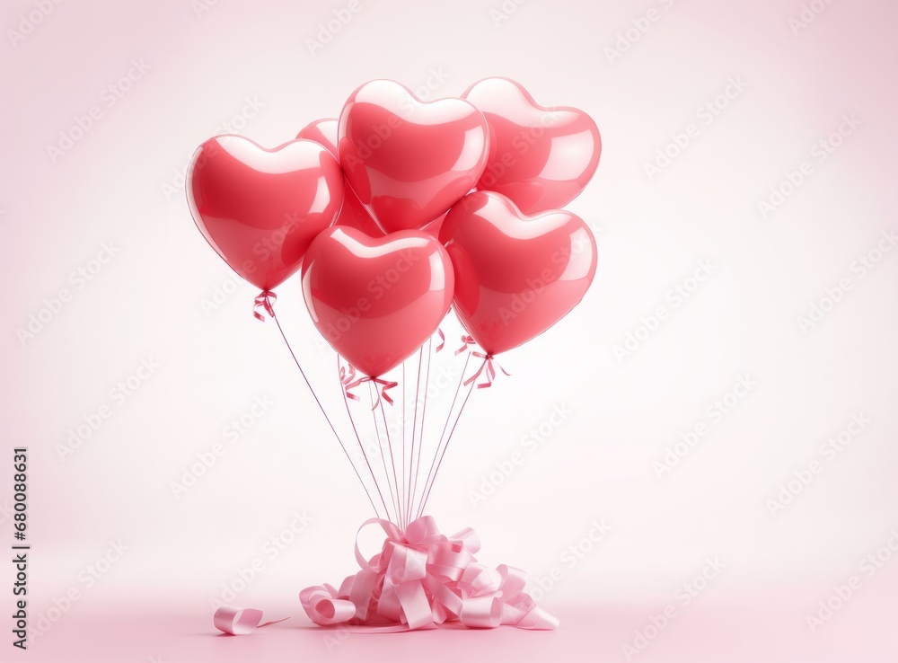 A bouquet of pink heart-shaped balloons tied with a pink ribbon on a pink background. Valentine's Day celebration concept.