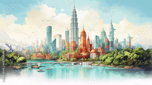Drawing of kuala lumpur with landmark and popular for tourist attractions © Johannes