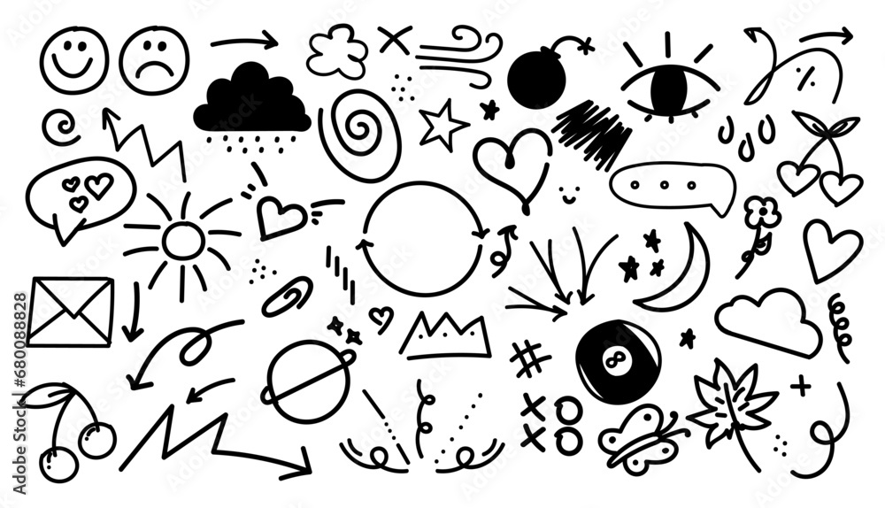 Obraz premium Hand-drawn doodle sketch. Cute elements in scribble style. Vector set