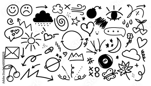 Hand-drawn doodle sketch. Cute elements in scribble style. Vector set