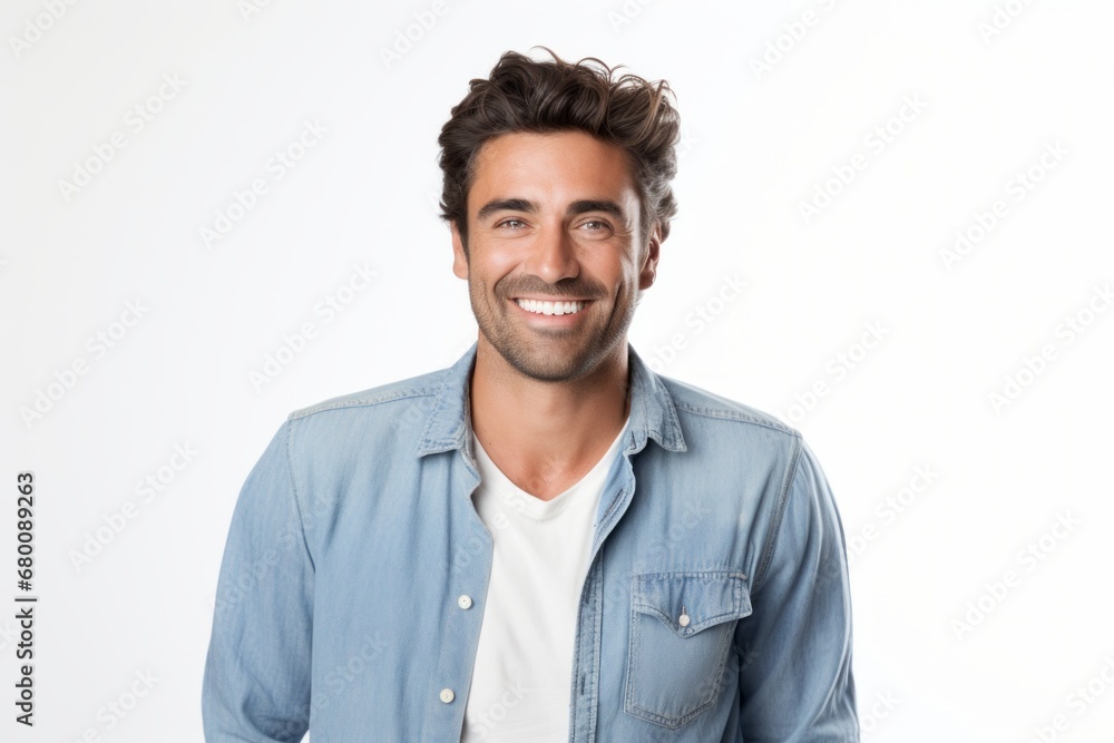 Portrait of a smiling man in his 30s sporting a versatile denim shirt against a white background. AI Generation Portrait of a smiling man in his 30s sporting a versatile denim shirt against a white background. AI Generation
