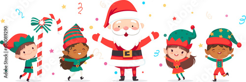 Fototapeta Naklejka Na Ścianę i Meble -  Illustration of Christmas elves and Santa Claus jump and dance joyfully. Set of little Santa's helpers with holiday gifts and decorations. Adorable cartoon characters. Flat vector illustration.