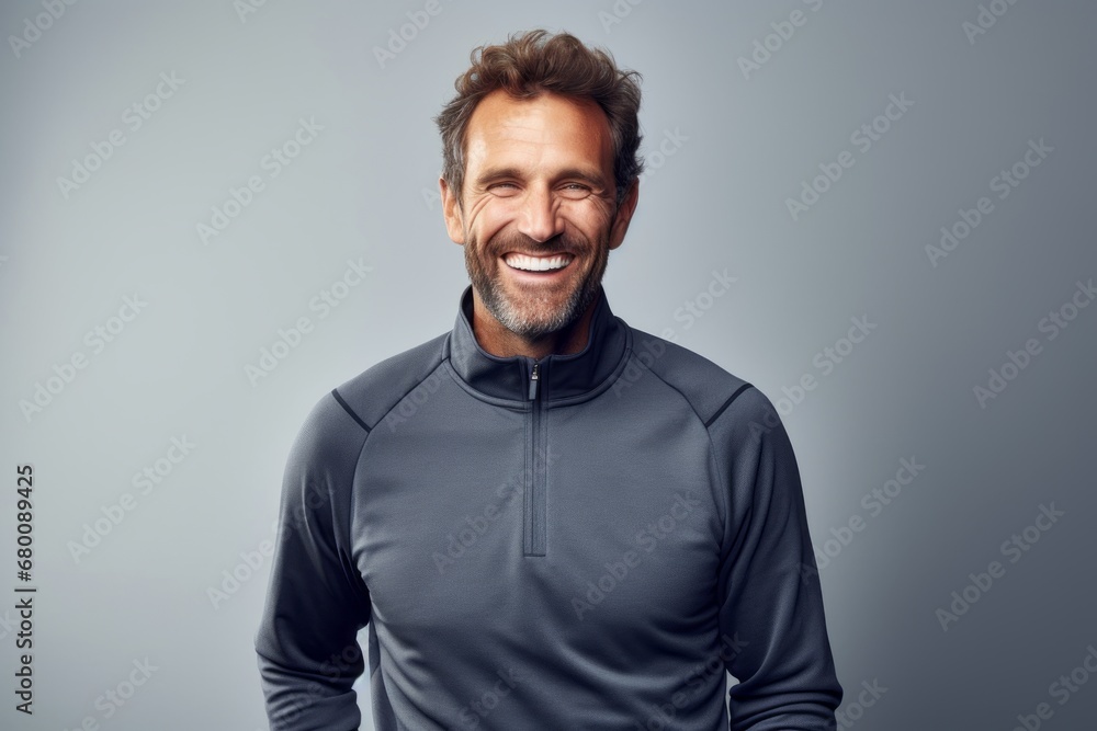 Portrait of a happy man in his 30s wearing a thermal fleece pullover against a white background. AI Generation Portrait of a happy man in his 30s wearing a thermal fleece pullover against a white background. AI Generation