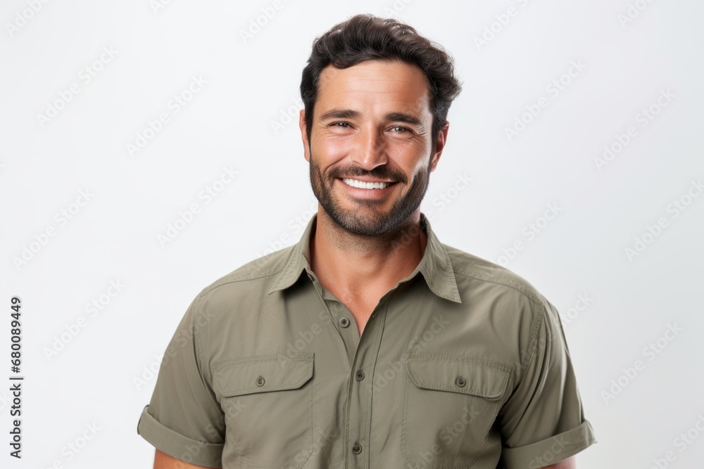 Portrait of a glad man in his 30s sporting a vented fishing shirt against a white background. AI Generation Portrait of a glad man in his 30s sporting a vented fishing shirt against a white background. AI Generation