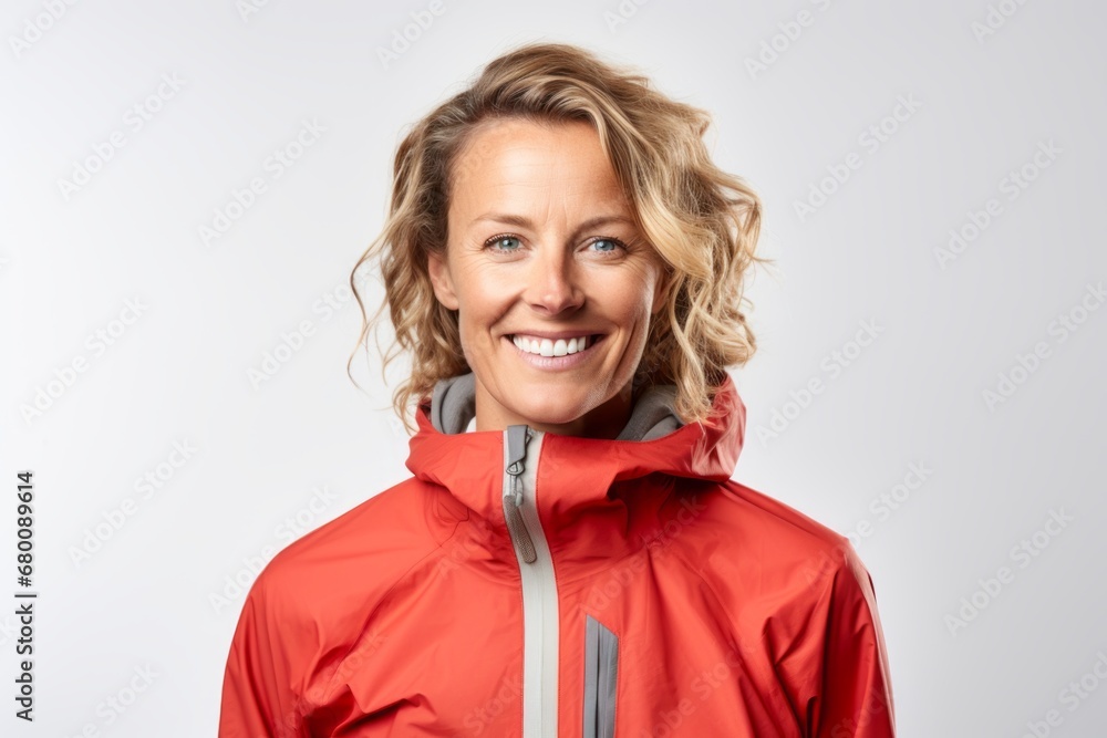 Portrait of a smiling woman in her 40s wearing a functional windbreaker against a white background. AI Generation Portrait of a smiling woman in her 40s wearing a functional windbreaker against a white background. AI Generation