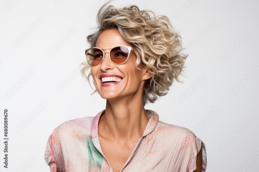 Portrait of a grinning woman in her 40s wearing a trendy sunglasses against a white background. AI Generation