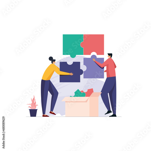 Team arranging jigsaw puzzle, Man and Woman matching maze pieces and brainstorming, Problem solving concept