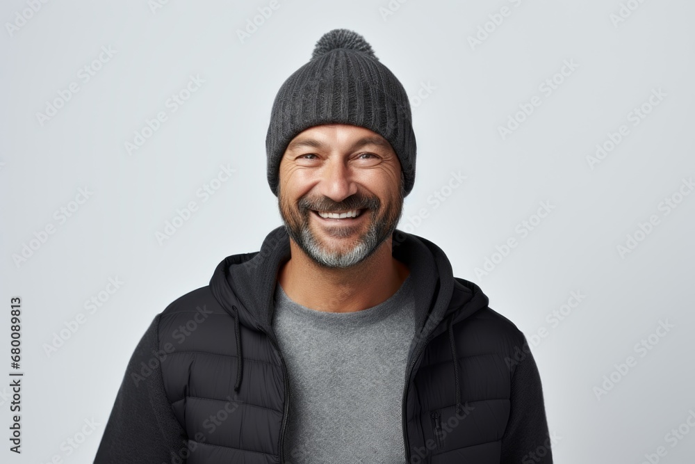 Portrait of a grinning man in his 40s donning a warm wool beanie against a white background. AI Generation Portrait of a grinning man in his 40s donning a warm wool beanie against a white background. AI Generation