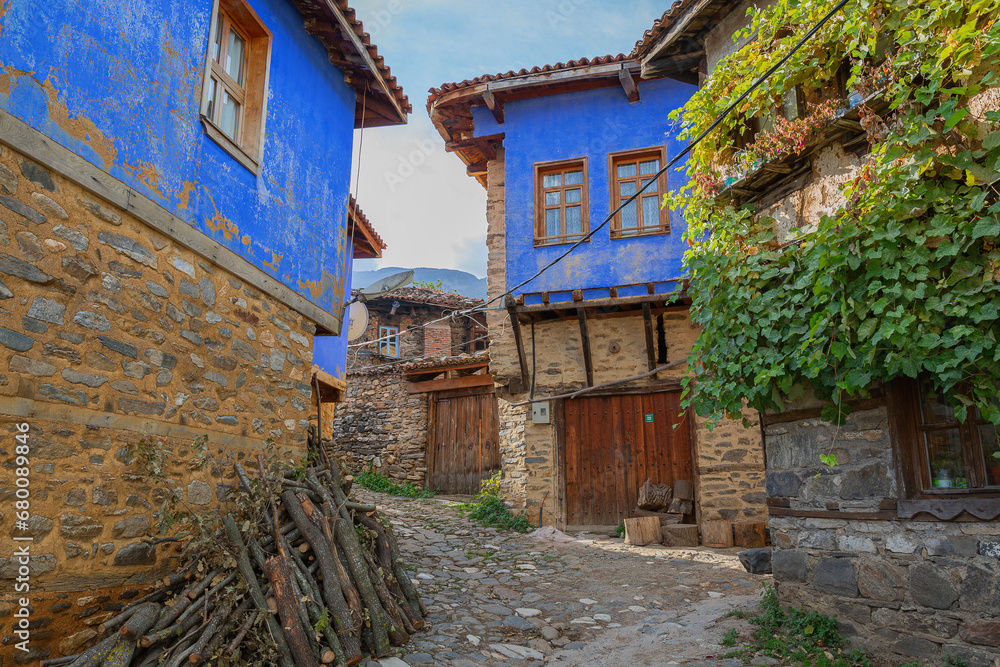 700 years old Ottoman village Cumalikizik. It is popular with small tiny wooden and traditional houses and shops around cobblestone streets. Bursa-Turkey