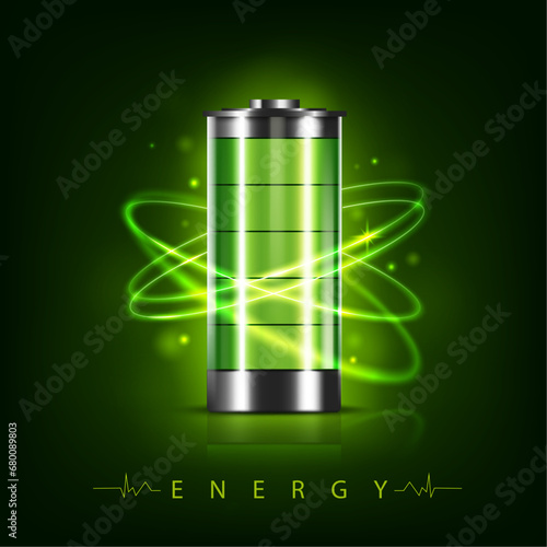 full charge battery energy and power saving concept background design template, green color 3D battery icon with glowing curve electric lines element vector illustration backdrop.