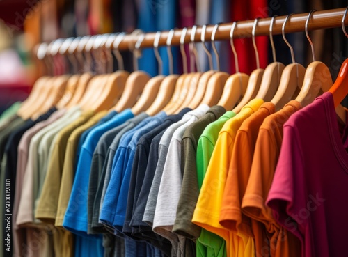 A rack of colorful T-shirts hung by color on wooden hangers in a store. The problem is consumption.