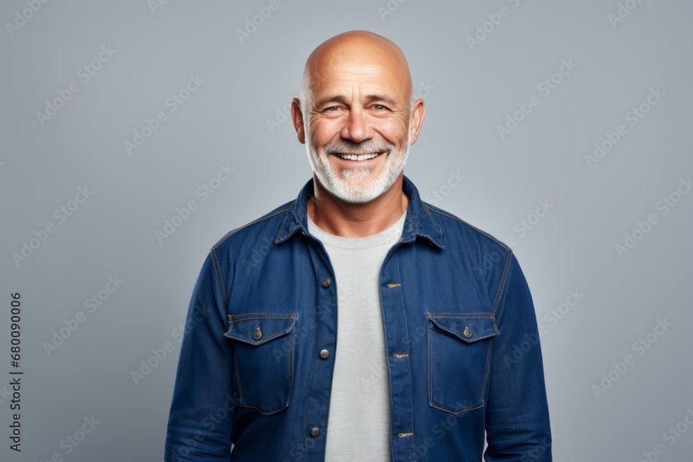 Portrait of a grinning man in his 50s sporting a versatile denim shirt against a white background. AI Generation Portrait of a grinning man in his 50s sporting a versatile denim shirt against a white background. AI Generation