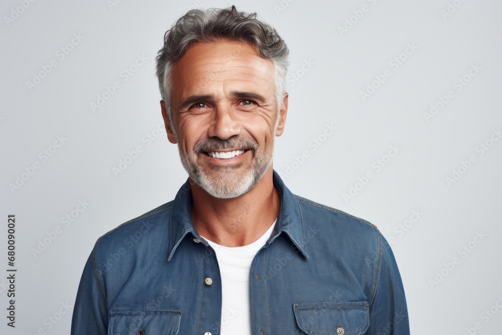 Portrait of a grinning man in his 50s sporting a versatile denim shirt against a white background. AI Generation Portrait of a grinning man in his 50s sporting a versatile denim shirt against a white background. AI Generation