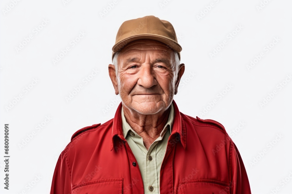 Portrait of a glad man in his 80s sporting a vented fishing shirt against a white background. AI Generation Portrait of a glad man in his 80s sporting a vented fishing shirt against a white background. AI Generation