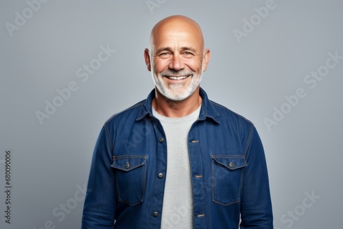 Portrait of a grinning man in his 50s sporting a versatile denim shirt against a white background. AI Generation