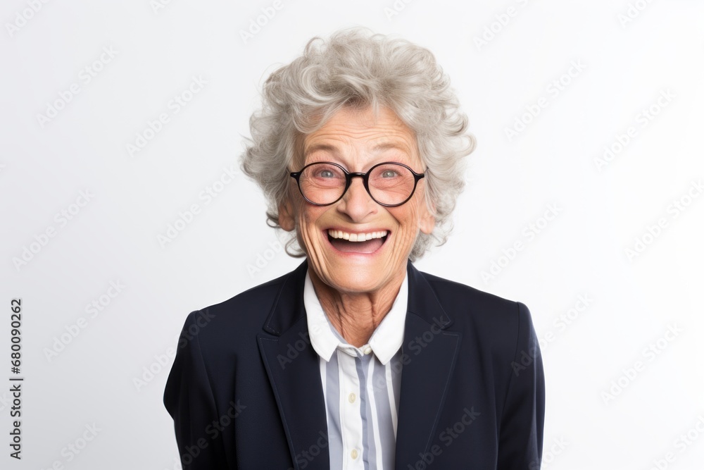 Portrait of a grinning woman in her 80s wearing a professional suit jacket against a white background. AI Generation Portrait of a grinning woman in her 80s wearing a professional suit jacket against a white background. AI Generation