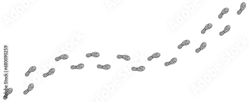 Human footprint. Trail of footprints from boots or sneakers. Imprints of shoe soles. Walking person. Path of human feet. Footsteps trekking. Step by step. Silhouette. Vector isolated on white photo