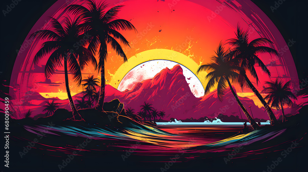 Retro Style Sunset with Palm Trees and Surfing Wave Illustration