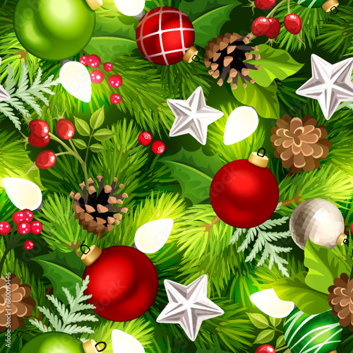 Christmas seamless background with green fir branches, red and green Christmas balls, pine cones, Christmas lights, silver stars, holly, and rosehip. Vector Christmas texture
