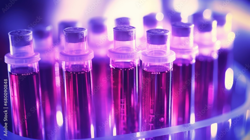 Clear glass test tubes with liquid sample for testing. Blood analysis, study of diseases in flasks. Clear glass test tubes with liquid sample for testing. Blood analysis, study of diseases in flasks.