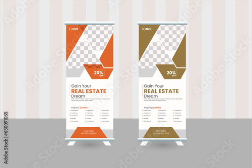 Real estate home for sale or rent roll-up banner design, Modern colorful real estate Rollup banner template design, Simple elegant clean minimal abstract creative  Real Estate Rollup Banner Template. photo