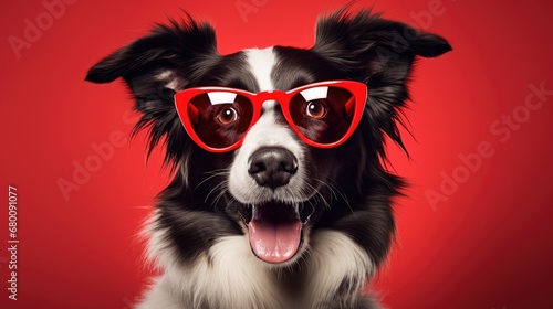 Puppy love: A funny border collie wearing red glasses, celebrating St. Valentine's Day in a cute and humorous pose. © pvl0707