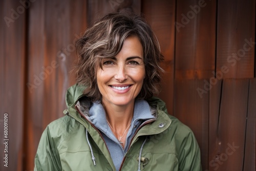 Portrait of a smiling woman in her 50s wearing a lightweight packable anorak against a rustic wooden wall. AI Generation photo