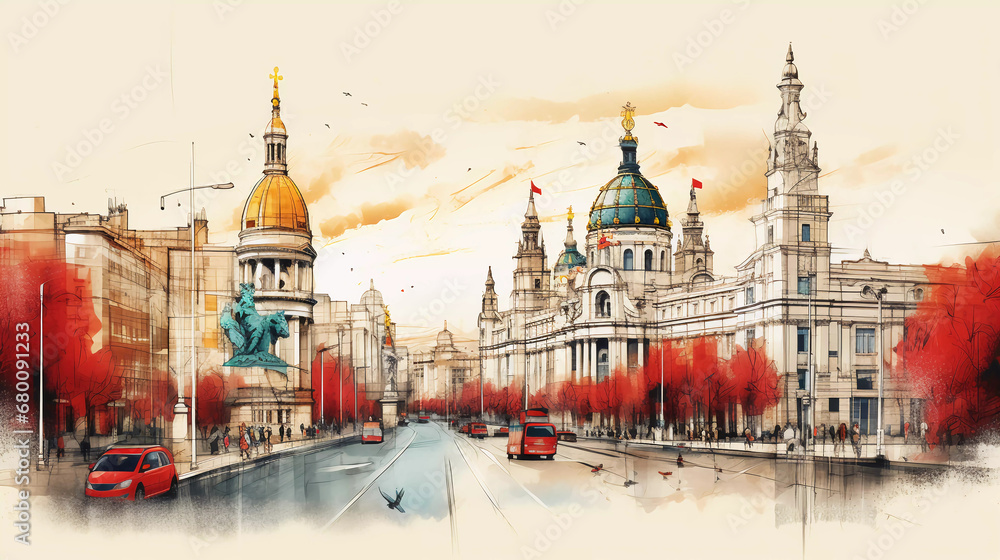 Fototapeta premium Drawing of Madrid with landmark and popular for tourist attractions