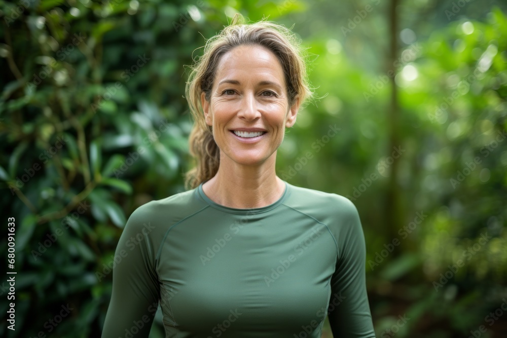 Portrait of a happy woman in her 40s sporting a technical climbing shirt against a lush green garden. AI Generation Portrait of a happy woman in her 40s sporting a technical climbing shirt against a lush green garden. AI Generation