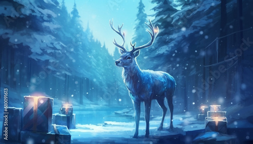 Enchanted Winter Forest Deer and Presents in the Snow © artefacti
