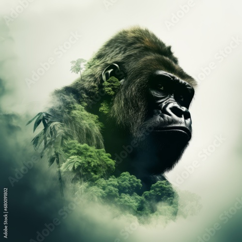 Portrait of a gorilla head with green lush tropical forest  double exposure. Generative AI