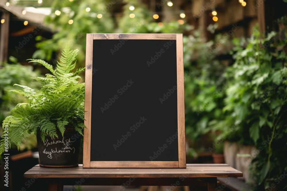 A rustic rectangle blackboard, framed in wood, stands alone in a garden, its empty surface awaiting creative expression. Generative AI.