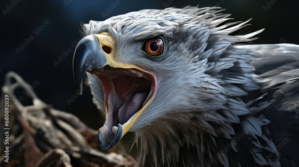 Fototapeta premium Powerful Harpy Eagle with intense gaze and razor-sharp beak, capturing prey with impressive hunting skills. Majestic apex predator in South American rainforests, an endangered species.