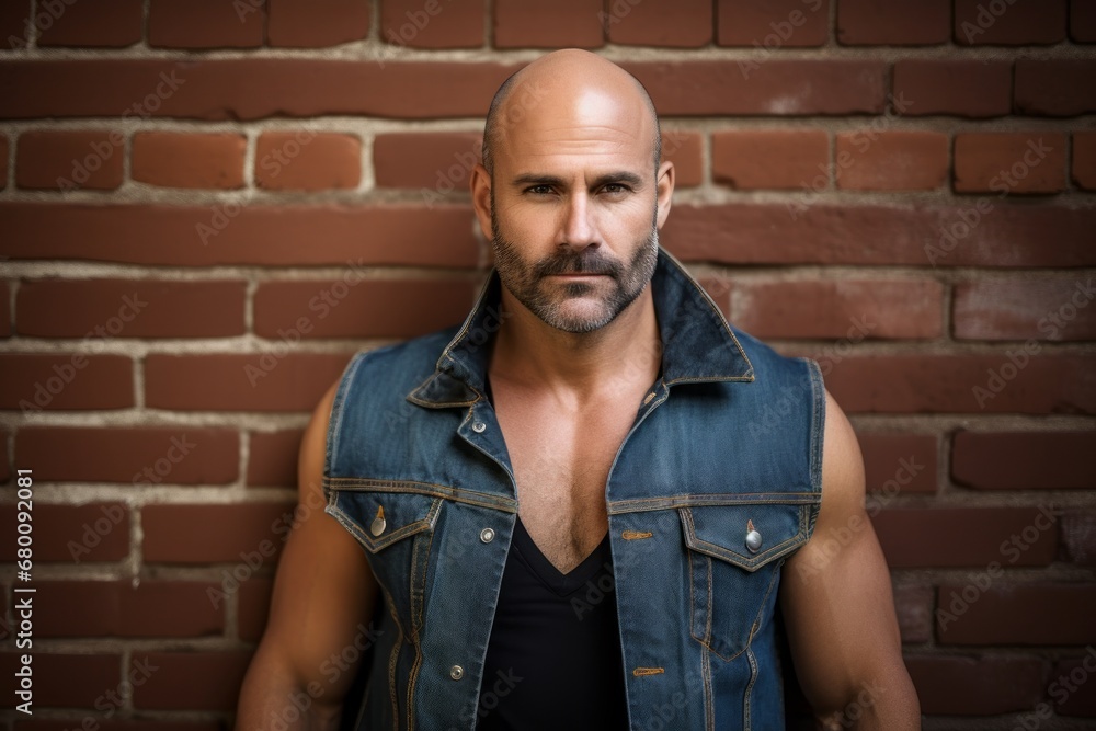 Portrait of a satisfied man in his 40s wearing a rugged jean vest against a vintage brick wall. AI Generation Portrait of a satisfied man in his 40s wearing a rugged jean vest against a vintage brick wall. AI Generation