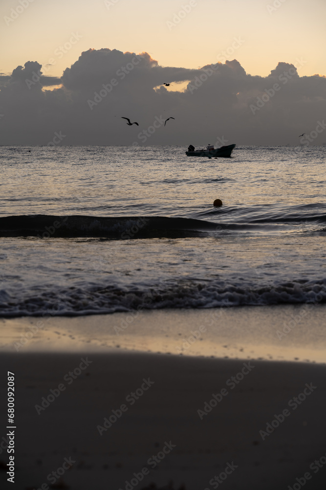 Fototapeta premium Sunset in Playa del Carmen, Mexico with clouds in the background and birds flying overhead