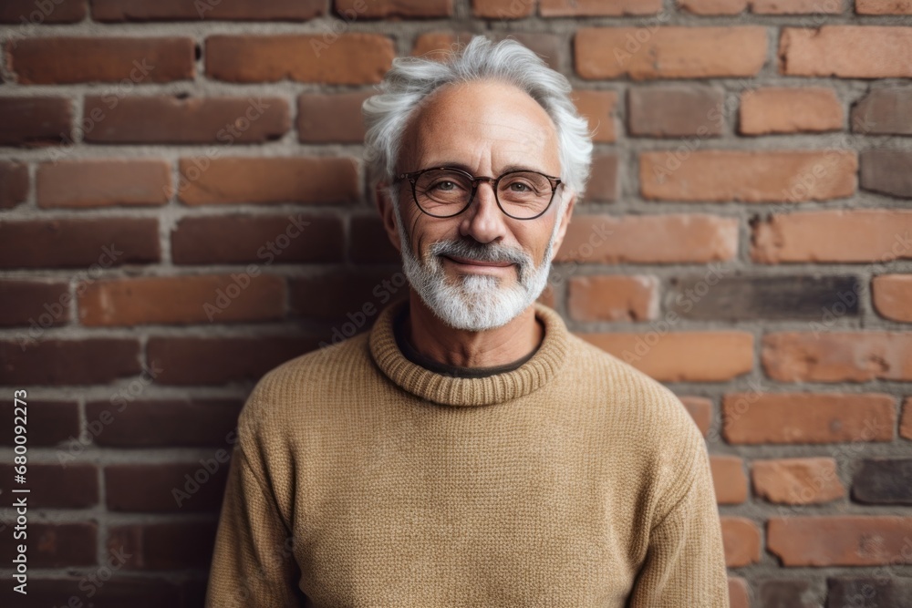 Portrait of a blissful man in his 70s wearing a cozy sweater against a vintage brick wall. AI Generation Portrait of a blissful man in his 70s wearing a cozy sweater against a vintage brick wall. AI Generation