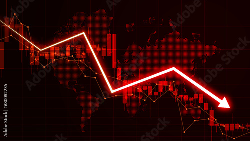 Illustration of stock market losses. Bankrupt financial information concept with arrows pointing down. Descending trading graph