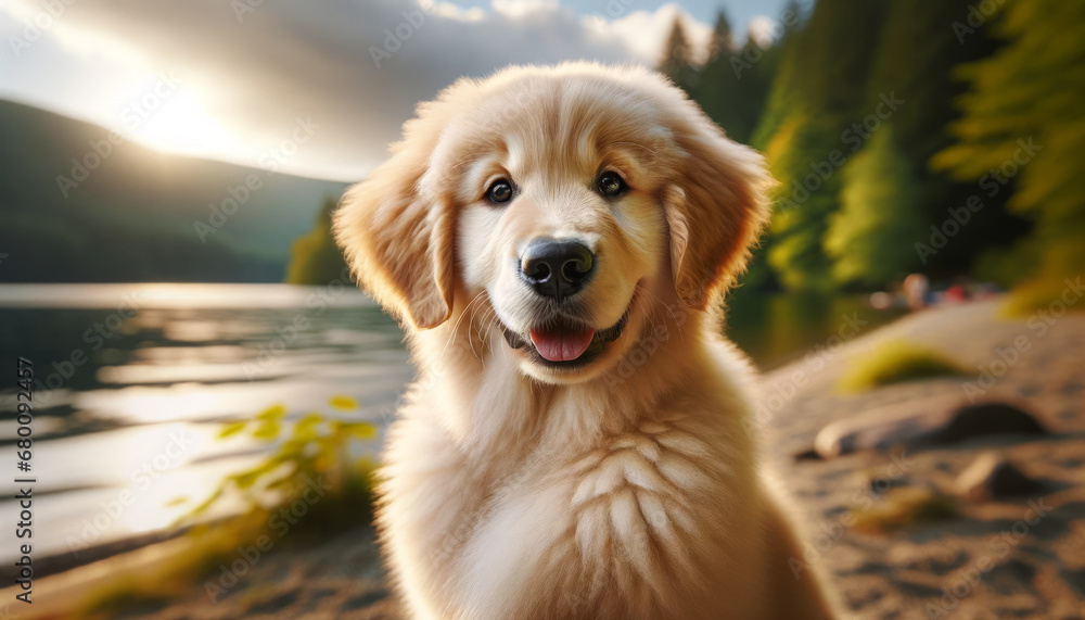 Close-up photograph of a Golden Retriever puppy (Canis lupus familiaris) by a lake, featuring a fluffy golden coat and playful demeanor.
