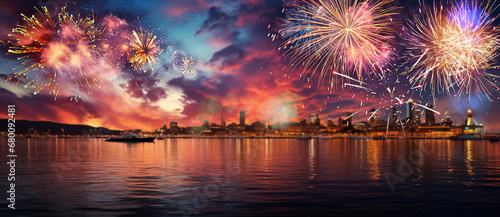 Background for Christmas and New Year. Fireworks in the night sky over the old town