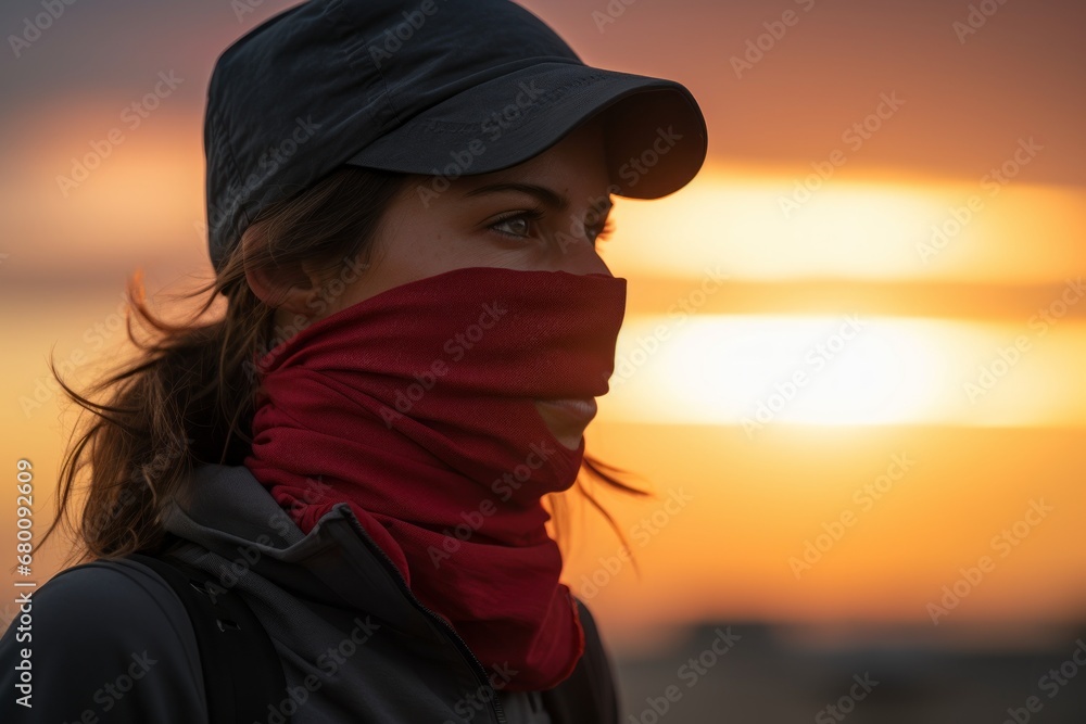 Portrait of a content woman in her 30s wearing a protective neck gaiter against a vibrant sunset horizon. AI Generation Portrait of a content woman in her 30s wearing a protective neck gaiter against a vibrant sunset horizon. AI Generation