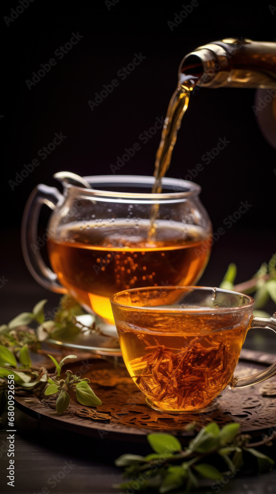 international tea day,pouring hot tea into a large cup, next to tea sprigs, on a wooden table. vertical international tea day,pouring hot tea into a large cup, next to tea sprigs, on a wooden table. vertical
