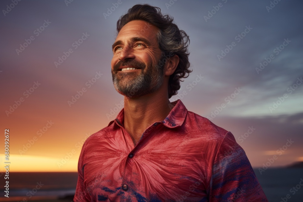 Portrait of a satisfied man in his 40s showing off a vibrant rash guard against a vibrant sunset horizon. AI Generation Portrait of a satisfied man in his 40s showing off a vibrant rash guard against a vibrant sunset horizon. AI Generation