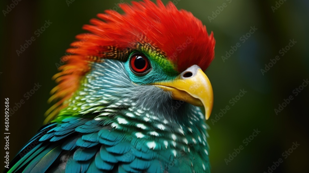 Close-up of a resplendent Quetzal bird in Central America. Vibrant emerald-green face, red beak with yellow tip, and piercing eyes. Majestic and elegant crest. Stunning and unique avian beauty