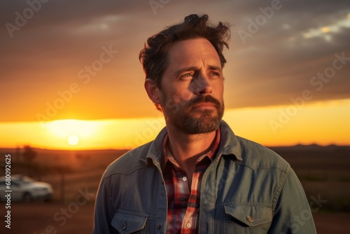 Portrait of a glad man in his 30s sporting a versatile denim shirt against a vibrant sunset horizon. AI Generation