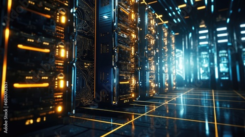 Cryptocurrency hub  Computer racks in a secure server room showcase cryptocurrency mining. Ideal for illustrating the intersection of technology  security  and digital finance