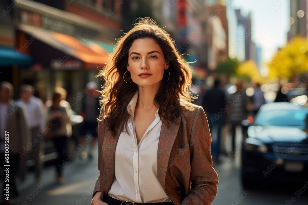Portrait of a content woman in her 30s dressed in a stylish blazer against a busy urban street. AI Generation